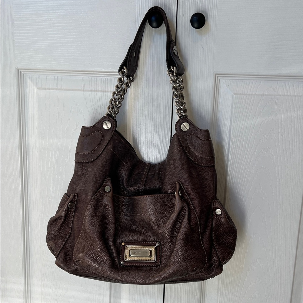 B makowsky brown with rose gold sheen leather bag purse. Soft, metal hardware